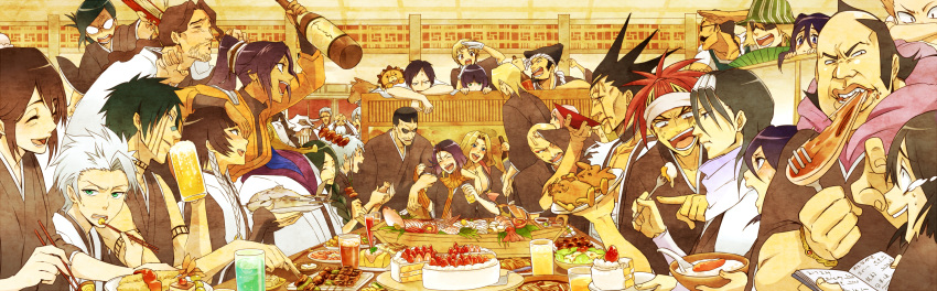 6+boys 6+girls abarai_renji akon alcohol ayasegawa_yumichika bad_id bad_pixiv_id beard beer black_hair bleach blonde_hair blush bottle braid breasts cake chopsticks cleavage dark_skin eating everyone facial_hair feast fish_(food) food fruit furry furry_male glasses hair_ornament hanakari_jinta haori highres hinamori_momo hisagi_shuuhei hitsugaya_toushirou iba_tetsuzaemon ise_nanao japanese_clothes kira_izuru komamura_sajin kon_(bleach) kotetsu_isane kotetsu_kiyone kotsubaki_sentarou kuchiki_byakuya kuchiki_rukia kurotsuchi_mayuri kurotsuchi_nemu kusajishi_yachiru kyouraku_shunsui large_breasts long_beard long_hair matsumoto_rangiku mole mole_under_mouth multiple_boys multiple_girls oomaeda_marechiyo pink_hair purple_hair red_hair rock-de-no sake sasakibe_choujirou sashimi scar scarf shihouin_yoruichi short_hair short_hair_with_long_locks spiked_hair strawberry strawberry_shortcake sui-feng sunglasses taichou_haori tsukabishi_tessai tsumugiya_ururu ukitake_juushirou unohana_retsu urahara_kisuke white_hair yamada_hanatarou yamamoto-genryuusai_shigekuni zaraki_kenpachi