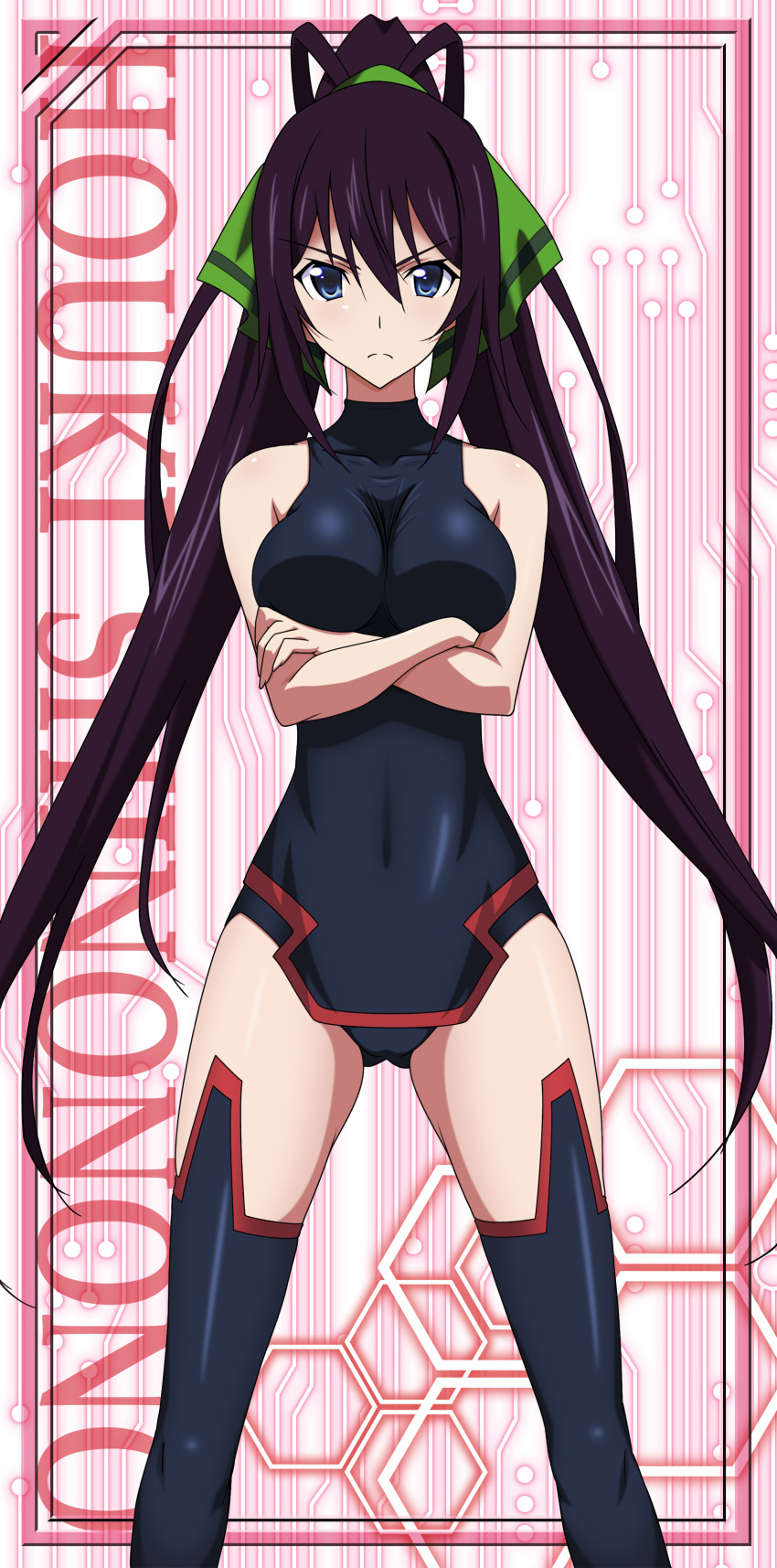 >:( absurdres angry antenna_hair ass_visible_through_thighs bare_shoulders black_hair black_thighhighs blue_eyes breasts character_name circuit_board covered_navel crossed_arms female framed frown hair_between_eyes hair_ribbon halterneck high_ponytail highres impossible_clothes impossible_leotard infinite_stratos large_breasts leotard long_hair looking_at_viewer official_art pelvic_curtain photoshop_(medium) pilot_suit ribbon shinonono_houki sidelocks solo split_ponytail standing stick_poster thighhighs turtleneck v-shaped_eyebrows very_long_hair