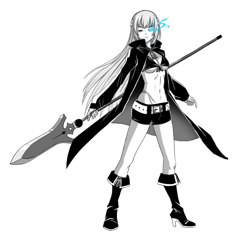 bikini bikini_top_only black_rock_shooter black_rock_shooter_(character) black_rock_shooter_(character)_(cosplay) blue_fire boots commentary_request cosplay enmouno female fire flaming_eye full_body greyscale half_updo highres jacket long_hair monochrome neptune_(series) no_shirt polearm short_shorts shorts solo spear spot_color swimsuit vert_(neptunia) weapon