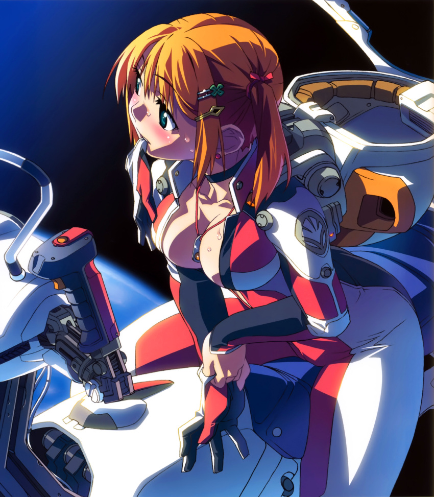 absurdres aircraft between_breasts blonde_hair blush bodysuit breasts choker cleavage earrings female gloves green_hair hair_ornament hair_ribbon hairclip helmet highres hover_bike jewelry large_breasts mouth_hold original photoshop_(medium) ribbon scan short_twintails solo space sweat twintails watanabe_akio