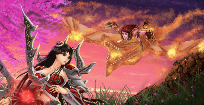 2girls armor blade breasts claw_(weapon) cleavage commentary_request dragon energy_ball fire irelia large_breasts league_of_legends long_hair multiple_girls open_mouth orb photoshop_(medium) qinglong_zaitian red_eyes shyvana teeth weapon