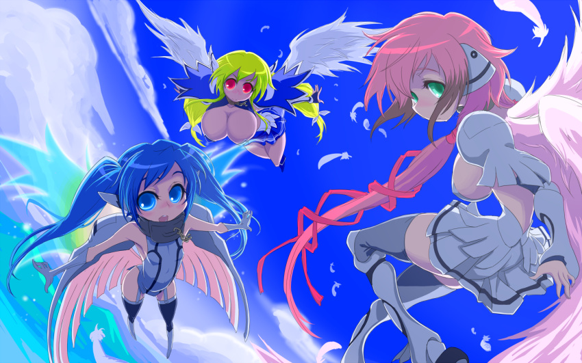 3girls angel_wings astraea_(sora_no_otoshimono) blonde_hair blue_eyes blue_hair breasts cleavage collar commentary_request ikaros indee large_breasts long_hair multiple_girls nymph_(sora_no_otoshimono) red_eyes sora_no_otoshimono thighhighs twintails wings