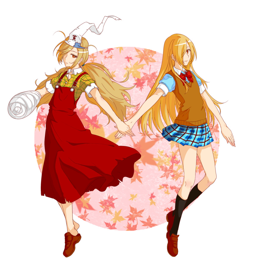 2girls binbougami_ga! black_legwear blonde_hair bow bowtie brown_eyes cast commentary_request dress dual_persona hair_over_one_eye highres holding_hands kneehighs leaf loafers long_hair long_legs looking_at_viewer messy_hair miniskirt momiji_(binbougami_ga!) multiple_girls plaid plaid_skirt pleated_skirt ponytail red_dress sanada_(tony2035176) school_uniform shirt shoes side-by-side single_shoe skirt smile socks standing straight_hair sweater_vest triangular_headpiece very_long_hair yellow_eyes