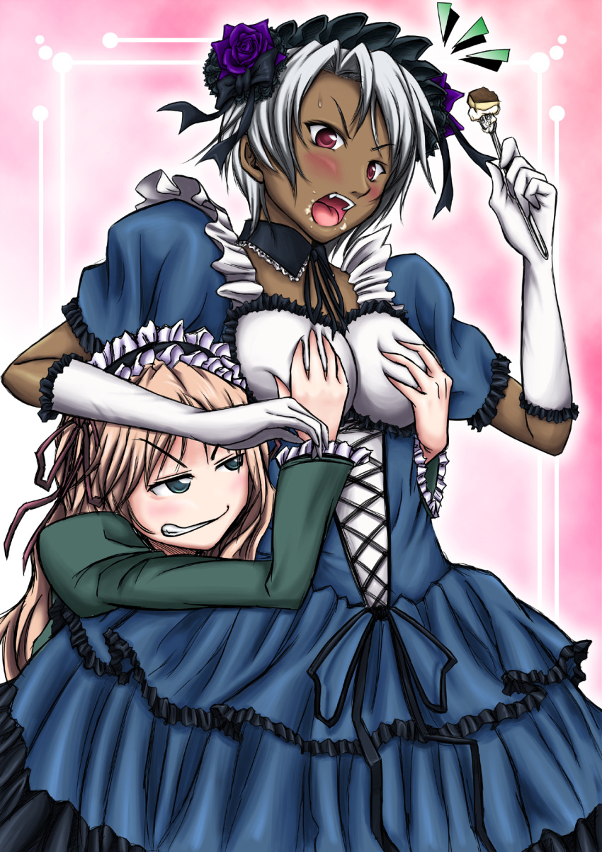 2girls baldr_(series) baldr_sky blonde_hair breasts cake commentary_request cream cream_on_face dark-skinned_female dark_skin detached_collar dress eating elbow_gloves food food_on_face fork gloves gown grabbing grabbing_another's_breast grabbing_from_behind green_eyes grey_hair highres large_breasts maid_headdress multiple_girls noi_(baldr_sky) red_eyes shizel_steinbrecher short_hair tal_yuji white_gloves