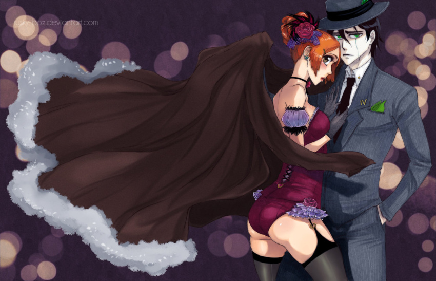 ass bleach gloves hat inoue_orihime lipstick makeup rusky thighhighs ulquiorra_cifer