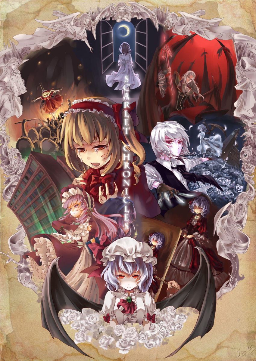 1boy 4girls absurdres alternate_costume alternate_headwear angel art_brush ascot bat_wings blonde_hair blood blood_on_face blood_on_hands blue_hair braid brooch brown_gloves brush coat commentary_request cross crowd crucifixion crying death_(entity) dress far_eastern_funion flandre_scarlet flower gloves graveyard hair_ribbon hairband hat hat_ribbon highres izayoi_sakuya jewelry knife long_hair moon multiple_girls night no_headwear open_mouth outstretched_arm paintbrush painting_(action) painting_(object) patchouli_knowledge photoshop_(medium) polearm purple_eyes purple_hair raised_fist red_dress red_eyes remilia_scarlet ribbon rose scarlet_devil_mansion scythe shirt short_hair side_ponytail smile spear stake touhou twin_braids vest weapon white_dress white_flower white_hair white_rose wings