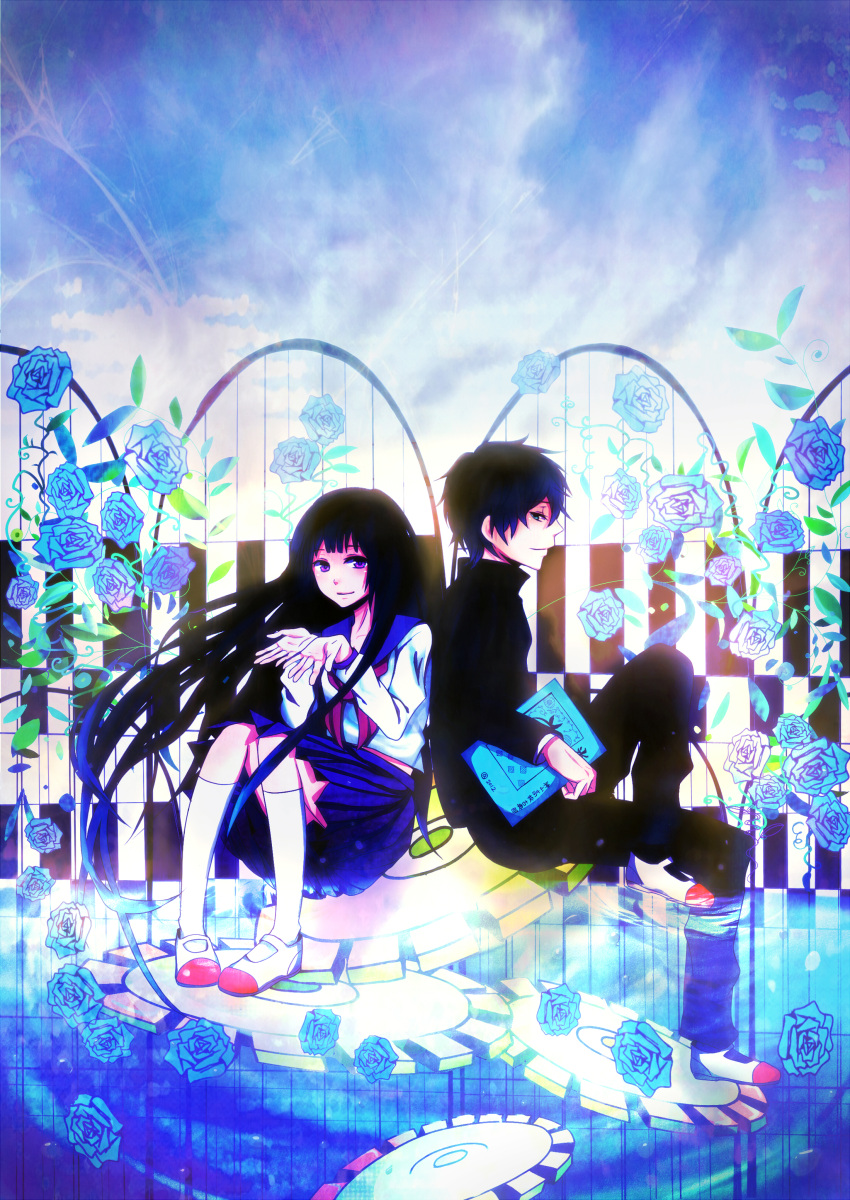 1boy absurdres bad_id bad_pixiv_id black_hair chitanda_eru female flower gakuran highres hyouka kamiyama_high_school_uniform_(hyouka) long_hair oreki_houtarou purple_eyes rose school_uniform serafuku shoes short_hair uwabaki yumeno_(yumeno-23)