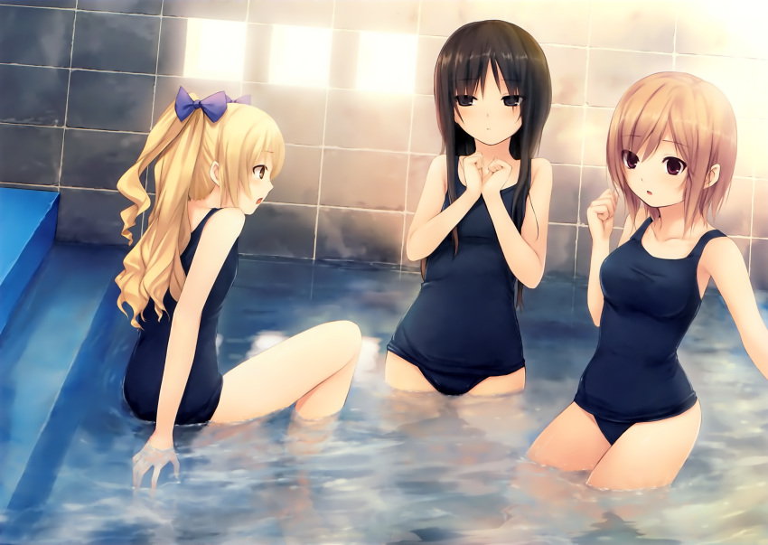 3girls black_eyes black_hair blonde_hair bow brown_eyes brown_hair coffee-kizoku cure_girl hairbow highres hoshimiya_miyu kunimura_kotone long_hair multiple_girls nanjou_rena non-web_source one-piece_swimsuit partially_submerged photoshop_(medium) school_swimsuit short_hair stairs swimsuit tiles twintails