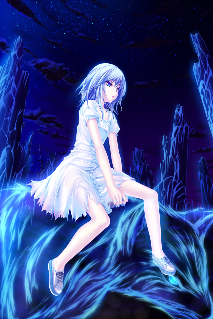 :< aqua_eyes azure_(ninja_slayer) cloud cloudy_sky commentary_request dress female highres night night_sky ninja_slayer no_socks open_mouth photoshop_(medium) shoes short_hair sky sneakers solo star_(sky) starry_sky tenmaso torn_clothes torn_dress