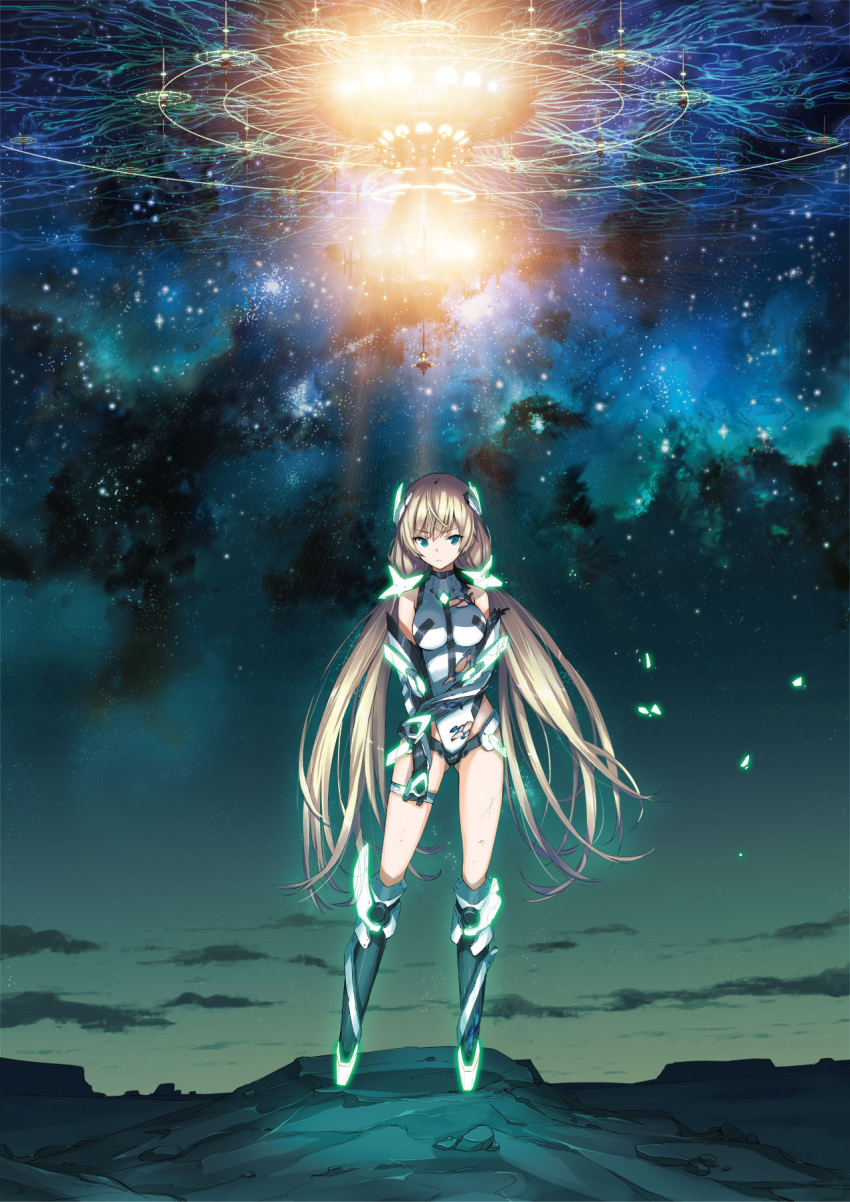 angela_balzac armor bare_shoulders black_gloves blonde_hair boots breasts cloud damaged deva_battle_suit elbow_gloves expressionless female full_body gloves glowing green_eyes hair_ornament halterneck headgear highleg highleg_leotard highres holding_own_arm knee_boots large_breasts leotard long_hair looking_at_viewer low_twintails neon_trim night night_sky official_art outdoors rakuen_tsuihou saitou_masatsugu sky solo standing star_(sky) starry_sky thighlet torn_clothes torn_leotard turtleneck twintails very_long_hair