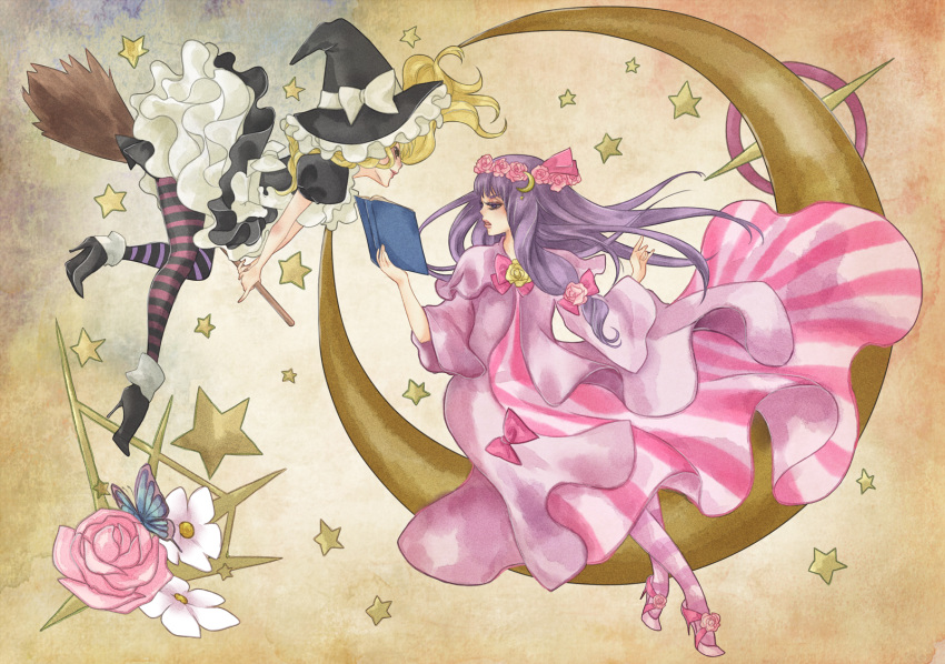 1hayu 2girls bad_id bad_pixiv_id book broom broom_riding bug butterfly cloak crescent_moon dress flower hat high_heels highres kirisame_marisa moon multiple_girls no_headwear on_crescent open_book pantyhose patchouli_knowledge pink_flower pink_rose reading rose shoes sitting star_(symbol) striped_clothes striped_dress striped_pantyhose touhou wind witch witch_hat wreath yellow_flower yellow_rose