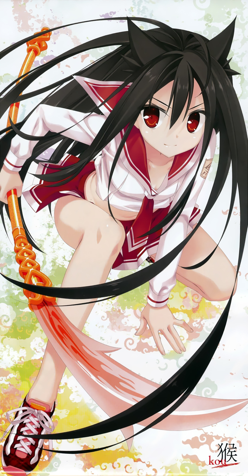 >:) absurdres artist_name black_hair collarbone female hidan_no_aria highres holding kobuichi kou_(hidan_no_aria) long_hair long_legs midriff photoshop_(medium) polearm red_eyes scan school_uniform serafuku skirt smile solo v-shaped_eyebrows weapon