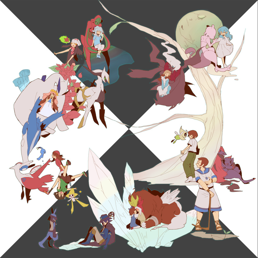 5boys 6+girls aged_down alicia_(pokemon) alternate_form amber_(pokemon) antennae arceus bad_id bad_pixiv_id bike_shorts black_hair blonde_hair blue_eyes brown_eyes brown_hair cape celebi chocolate closed_eyes damos_(pokemon) darkrai dawn_(pokemon) deoxys deoxys_(normal) dress entei everyone eye_contact film_strip flower glasses green_eyes green_hair grey_eyes hat head_wreath highres holding holding_hands hug jirachi latias latios leaf long_hair looking_at_another lucario lugia manaphy max_(pokemon) may_(pokemon) melody_(pokemon) mewtwo minun molly_hale multiple_boys multiple_girls nayu_ta photoshop_(medium) pichu plusle pokemon pokemon:_destiny_deoxys pokemon:_jirachi:_wish_maker pokemon:_lucario_and_the_mystery_of_mew pokemon:_the_first_movie_-_mewtwo_strikes_back pokemon_(anime) pokemon_(classic_anime) pokemon_(creature) pokemon_3:_the_movie_-_spell_of_the_unown:_entei pokemon_4ever_-_celebi:_the_voice_of_the_forest pokemon_dppt_(anime) pokemon_heroes:_latios_&_latias pokemon_rse_(anime) pokemon_the_movie_2000:_the_power_of_one samuel_oak sandals shaymin shaymin_(land) short_hair simple_background sir_aaron sitting sketchbook standing tears tory_lund veil white_hair zoroark zorua