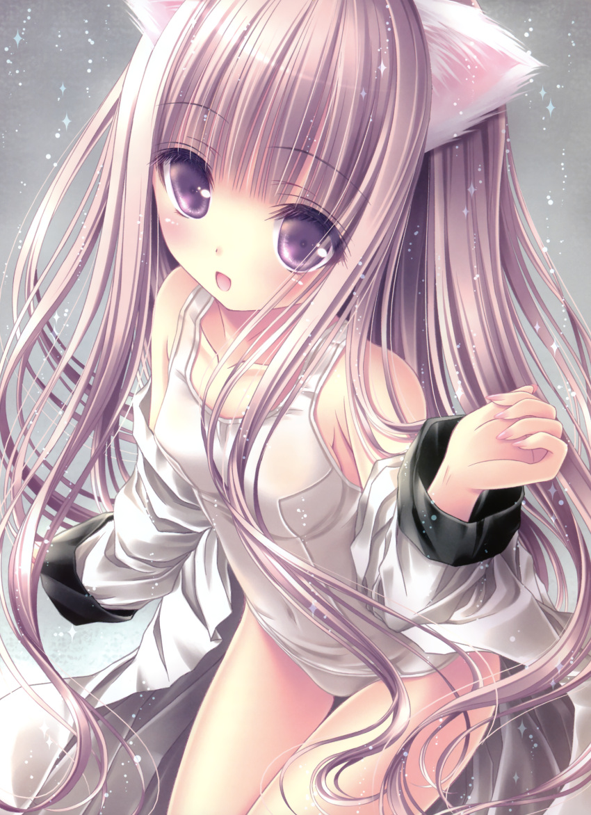 :d absurdres animal_ears blunt_bangs blush breasts cat_ears collarbone covered_navel dress_shirt female from_above grey_background hakamada_hinata highres long_hair looking_at_viewer looking_up nail_polish one-piece_swimsuit open_mouth pink_hair pink_nails purple_eyes rou-kyuu-bu! school_swimsuit shirt small_breasts smile sparkle swimsuit swimsuit_under_clothes tareme thigh_gap thighs tinker_bell_(pixiv_10956015) wavy_hair white_one-piece_swimsuit white_shirt