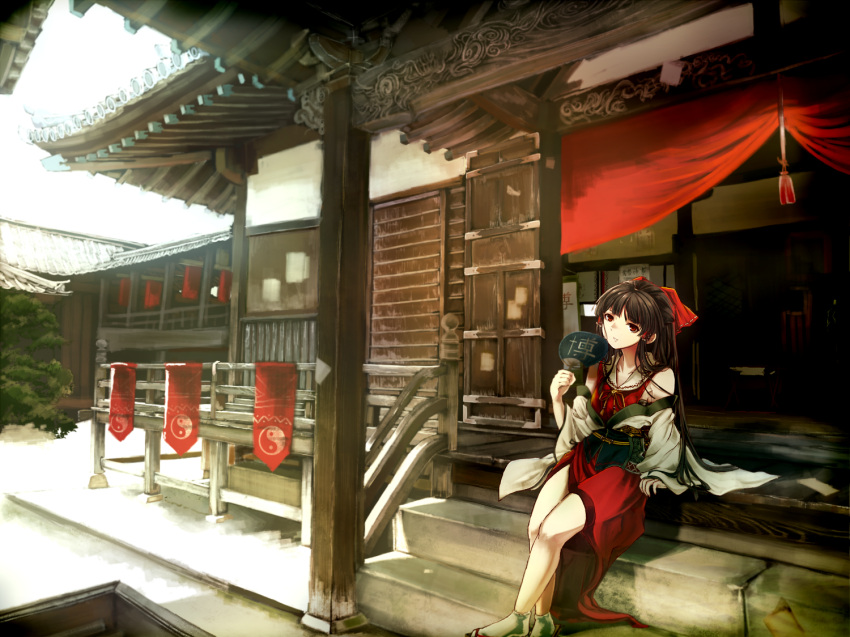 bad_id bad_pixiv_id black_hair bow collarbone detached_sleeves female hair_tubes hairbow hakurei_reimu hakurei_shrine hand_fan head_tilt long_hair long_sleeves looking_at_viewer nanos13 red_bow red_eyes red_skirt sash shirt sitting sitting_on_stairs skirt solo stairs touhou wide_sleeves yin_yang