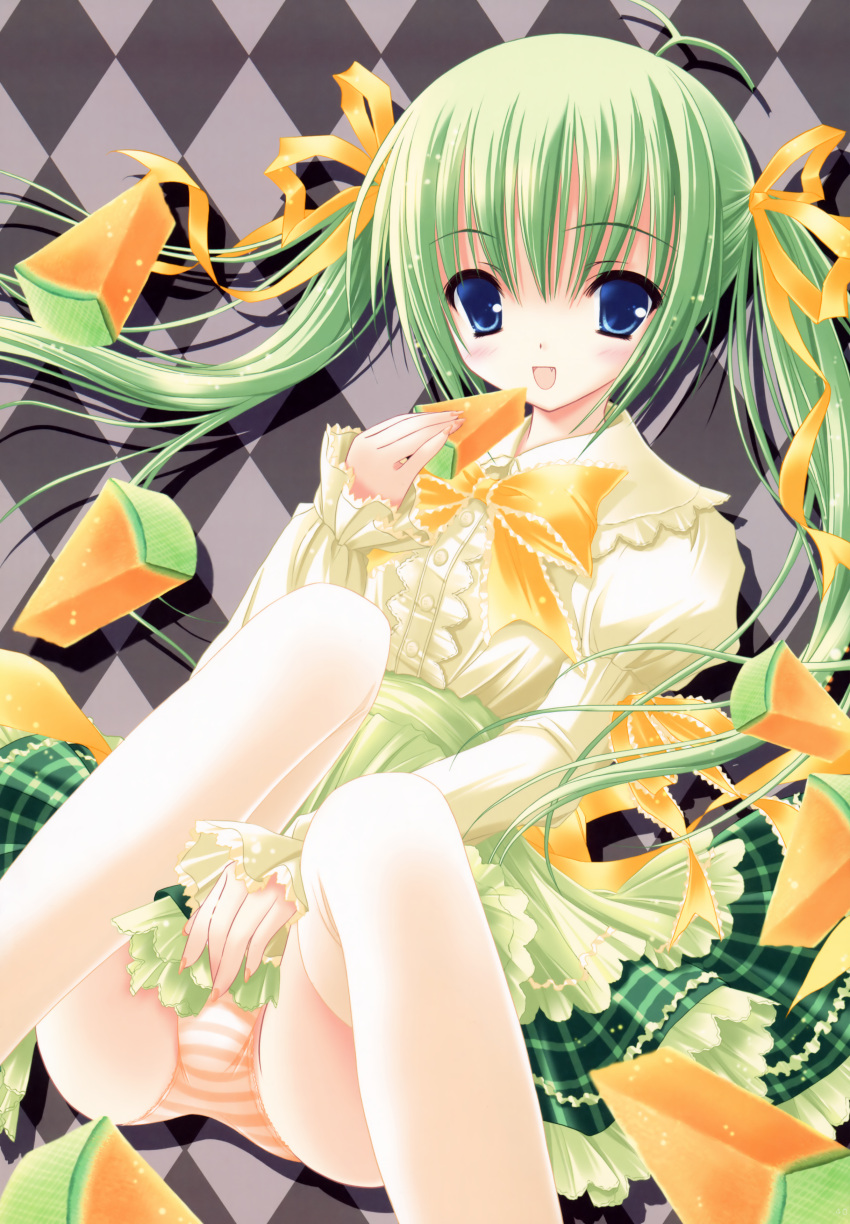 :d absurdres argyle argyle_background blue_eyes bow dress eating female food fruit green_hair hair_ribbon harukaze_setsuna highres knees_on_chest knees_together_feet_apart melon melon-chan melonbooks open_mouth orange_panties panties ribbon sitting smile spread_legs striped striped_panties thighhighs tinker_bell twintails two_side_up underwear white_legwear yellow_bow