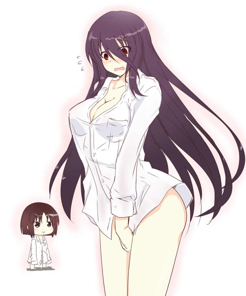 2girls anetai_toyone black_hair blush bob_cut bottomless breasts brown_eyes brown_hair chibi cleavage commentary_request highres itamochi kakura_kurumi large_breasts long_hair multiple_girls photoshop_(medium) red_eyes saki_(manga) shirt short_hair very_long_hair white_shirt