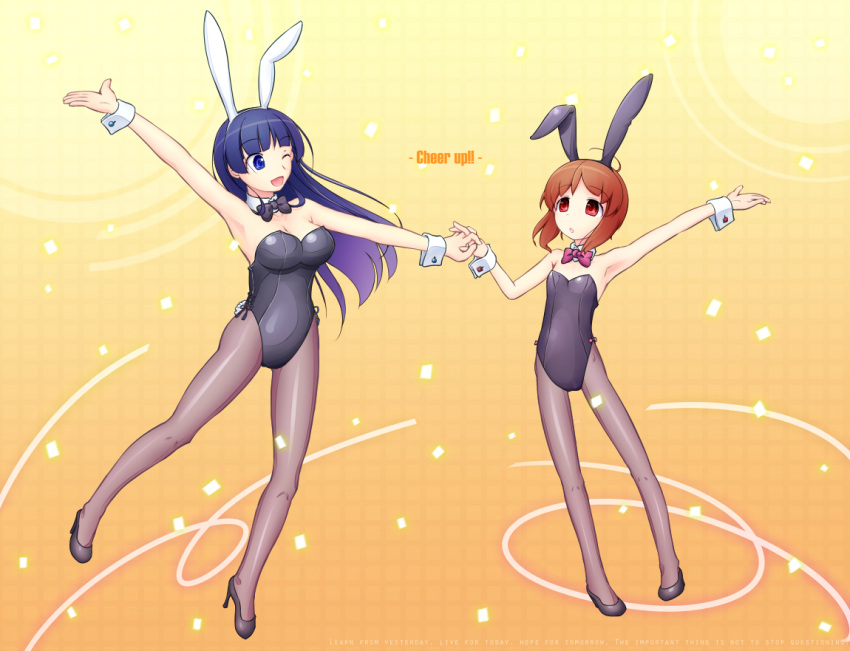 2girls animal_ears bad_id bad_pixiv_id blue_eyes blue_hair bow bowtie brown_hair detached_collar english_text long_hair multiple_girls nakaaki_masashi one_eye_closed original pantyhose playboy_bunny rabbit_ears rabbit_tail red_eyes short_hair tail wrist_cuffs