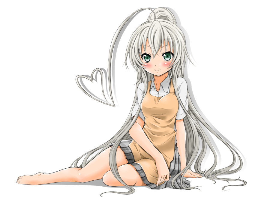 ahoge alternate_costume alternate_hairstyle apron bad_id bad_pixiv_id bare_legs barefoot blush checkered_clothes checkered_skirt female green_eyes grey_hair haiyore!_nyaruko-san heart heart_ahoge highres huge_ahoge long_hair looking_at_viewer nyarlathotep_(nyaruko-san) photoshop_(medium) pleated_skirt ponytail shirt sitting skirt smile solo very_long_hair yokozuwari yoshitani_motoka