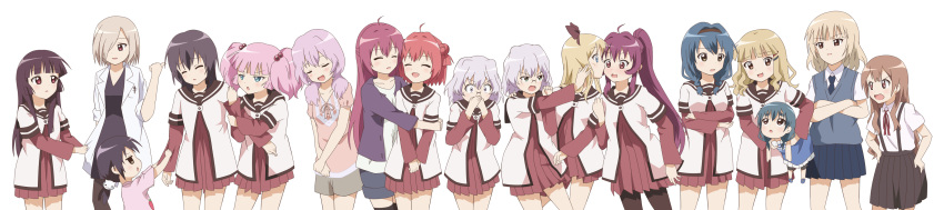 6+girls :d ^_^ absurdres age_difference ahoge akaza_akane akaza_akari arm_hug black_hair black_pantyhose black_socks blonde_hair blue_hair bow braid brown_hair carrying closed_eyes commentary_request crossed_arms double_bun everyone funami_mari funami_yui furutani_himawari furutani_kaede glasses hair_bobbles hair_bun hair_intakes hair_ornament hairband hairbow hairclip hands_on_own_hips highres hug ikeda_chitose ikeda_chizuru kashiopea lab_coat long_hair matsumoto_rise multiple_girls nanamori_school_uniform necktie nishigaki_nana oomuro_hanako oomuro_nadeshiko oomuro_sakurako open_mouth pantyhose pink_hair ponytail purple_hair red_hair school_uniform serafuku shirt shirt_tug short_hair shorts siblings silver_hair simple_background single_hair_bun sisters skirt sleeves_rolled_up smile socks sugiura_ayano suspenders sweater_vest t-shirt toshinou_kyouko twin_braids twintails white_background wide_image yoshikawa_chinatsu yoshikawa_tomoko yuru_yuri