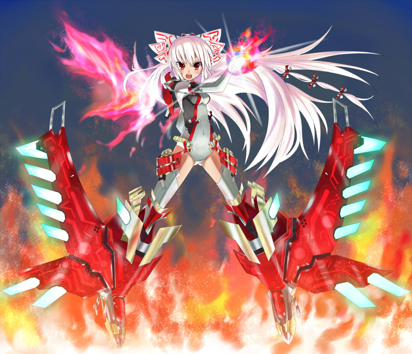 alternate_costume bad_id bad_pixiv_id bow female fiery_wings fire fujiwara_no_mokou hairbow ku-ba long_hair mecha_musume navel open_mouth red_eyes solo tks_(526tks) touhou very_long_hair white_hair wings