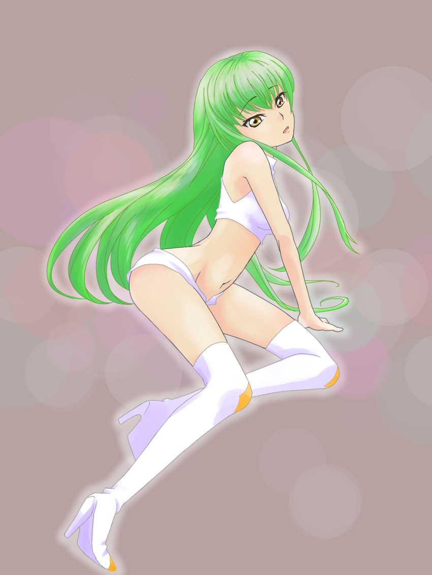 boots c.c. code_geass commentary_request crop_top female green_hair halterneck high_heels highres legs long_hair long_legs midriff navel pizza_hut shoes short_shorts shorts solo tamagodo-hu thigh_boots thighhighs thighs unbuttoned white_thighhighs yellow_eyes