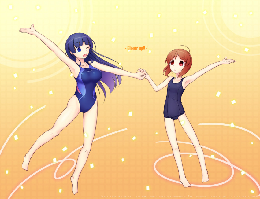 2girls bad_id bad_pixiv_id barefoot blue_eyes blue_hair brown_hair competition_swimsuit english_text long_hair multiple_girls nakaaki_masashi one-piece_swimsuit one_eye_closed original red_eyes school_swimsuit short_hair swimsuit