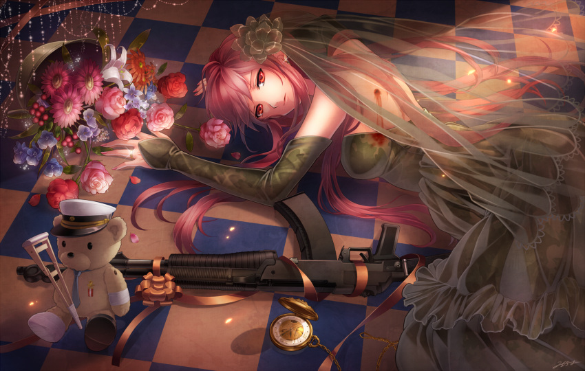 an-94 assault_rifle bad_id bad_pixiv_id bare_shoulders blood bullet_hole checkered_floor commentary_request dress earrings elbow_gloves female flower gloves gun gun_sling highres injury jewelry long_hair milcho original pocket_watch red_eyes red_hair rifle solo stuffed_animal stuffed_toy teddy_bear watch weapon