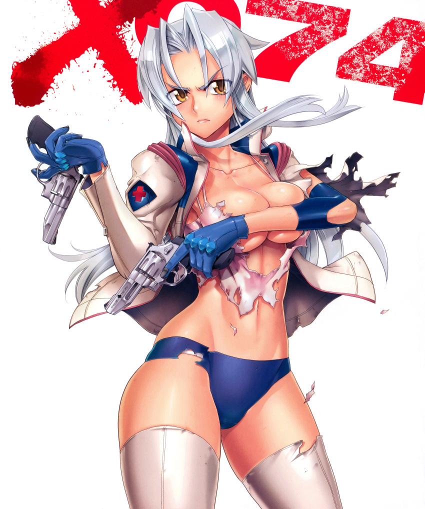 absurdres blue_buruma blue_gloves breasts brown_eyes buruma covering_breasts covering_privates dual_wielding female gloves grey_hair gun handgun highres holding jacket kiba_mikoto large_breasts long_hair navel open_clothes open_jacket photoshop_(medium) revolver satou_shouji scan serious solo thighhighs torn_buruma torn_clothes torn_jacket torn_thighhighs triage_x weapon white_background white_thighhighs