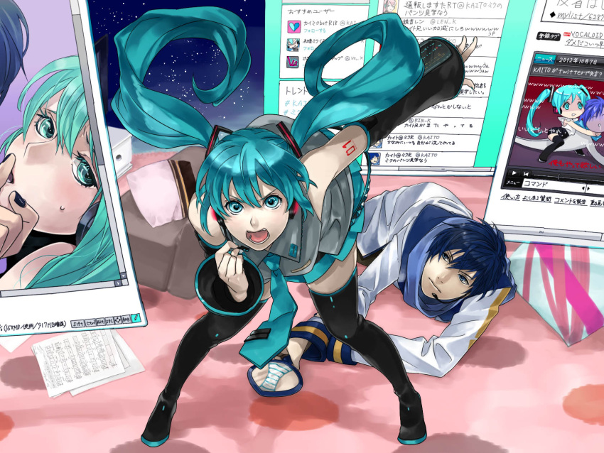 1boy aqua_eyes aqua_hair bad_id bad_pixiv_id blue_eyes blue_hair commentary_request danmaku_comments detached_sleeves female grabbing_another's_chin hand_on_another's_chin hatsune_miku headset highres jpeg_artifacts kaito_(vocaloid) leaning_forward long_hair looking_at_viewer mirror necktie niconico ono_tako open_mouth panties pantyshot photoshop_(medium) sheet_music skirt striped_clothes striped_panties thighhighs twintails twitter underwear very_long_hair vocaloid