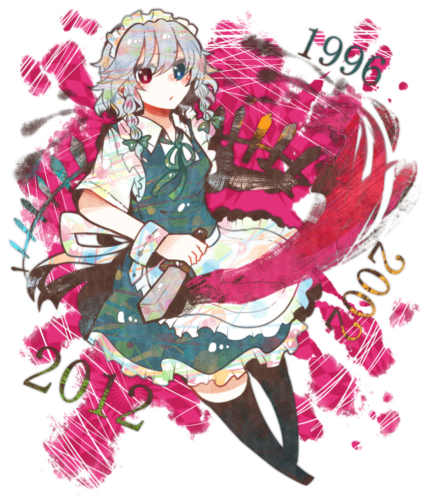 1996 2002 2012 bad_id bad_pixiv_id black_thighhighs blue_eyes blush braid female grey_hair heterochromia highres itomugi-kun izayoi_sakuya knife maid maid_headdress red_eyes short_hair short_sleeves skirt solo thighhighs touhou twin_braids wrist_cuffs