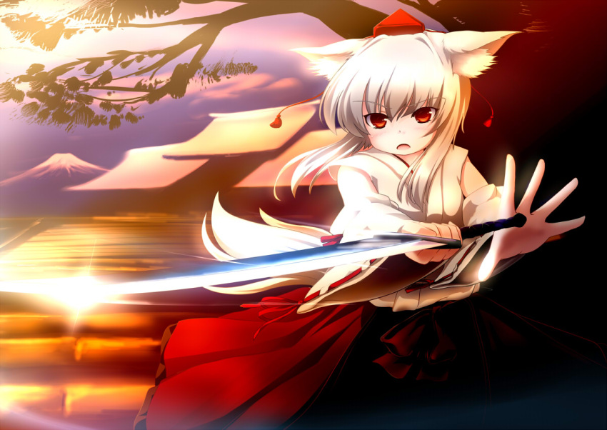 animal_ears bare_shoulders commentary_request detached_sleeves female hakama hakama_skirt hat inubashiri_momiji japanese_clothes looking_at_viewer red_eyes red_hakama short_hair skirt solo swinging sword tail tokin_hat touhou tsubasa_(abchipika) weapon white_hair wide_sleeves wolf_ears wolf_tail