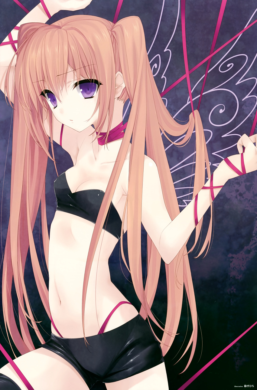 absurdres bike_shorts black_legwear bondage bondage bound breasts brown_hair bustier cleavage female highres imageboard_sample long_hair navel original purple_eyes ribbon ribbon_bondage scan suzuhira_hiro thighhighs two_side_up very_long_hair wings