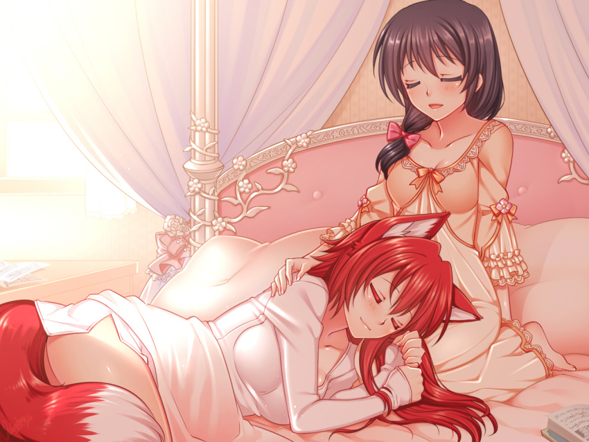 2girls animal_ears barefoot bed bed_frame blush book bow breasts brown_hair cleavage closed_eyes commentary_request fox_ears fox_tail hairbow konshin lap_pillow long_hair medium_breasts multiple_girls naked_shirt on_bed opera_the_vermelho pajamas pillow pixiv_fantasia pixiv_fantasia_sword_regalia red_hair shirt sleeping smile tail