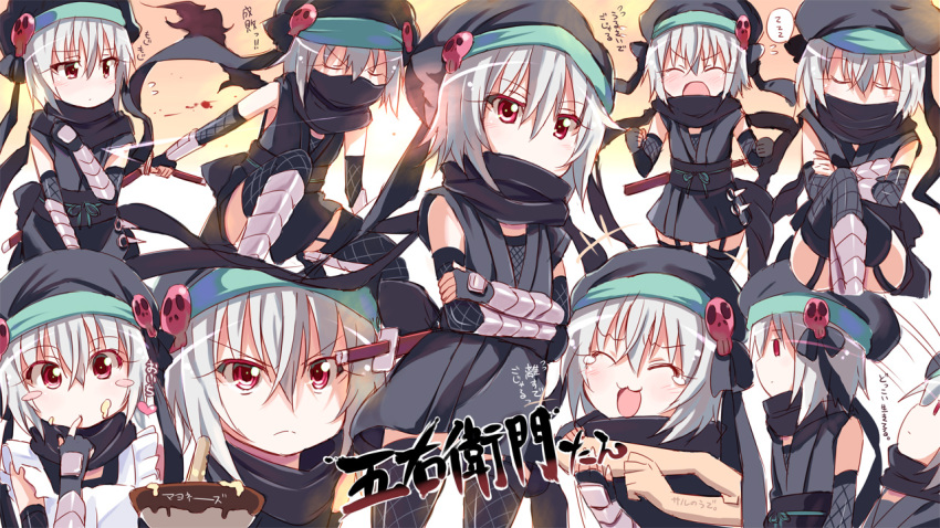 :3 apron bad_id bad_pixiv_id black_scarf blush blush_stickers closed_eyes crossed_arms elbow_gloves expressions female fingerless_gloves fishnets food food_on_face gloves hachisuka_goemon japanese_clothes kitahara_tomoe_(kitahara_koubou) ninja oda_nobuna_no_yabou red_eyes scarf short_hair silver_hair skull smile sword tears thighhighs translation_request weapon