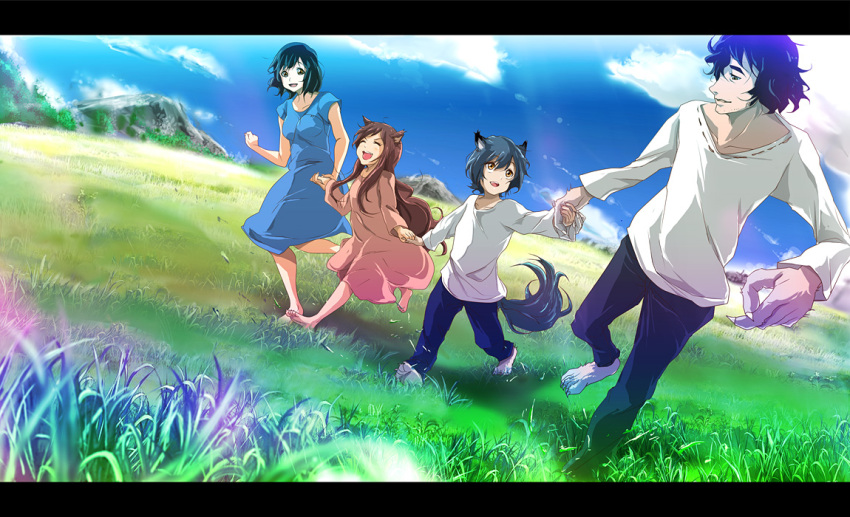 2boys 2girls 71_(nanaichi_drafting) ame_(ookami_kodomo) animal_ears barefoot black_hair blush brown_eyes brown_hair closed_eyes cloud commentary_request day dress eye_contact family father_and_daughter father_and_son grass hana_(ookami_kodomo) happy holding_hands letterboxed long_hair looking_at_another mother_and_daughter mother_and_son multiple_boys multiple_girls ookami_kodomo_no_ame_to_yuki ookami_otoko open_mouth outdoors photoshop_(medium) running short_hair sky smile tail very_long_hair wolf_ears yuki_(ookami_kodomo)