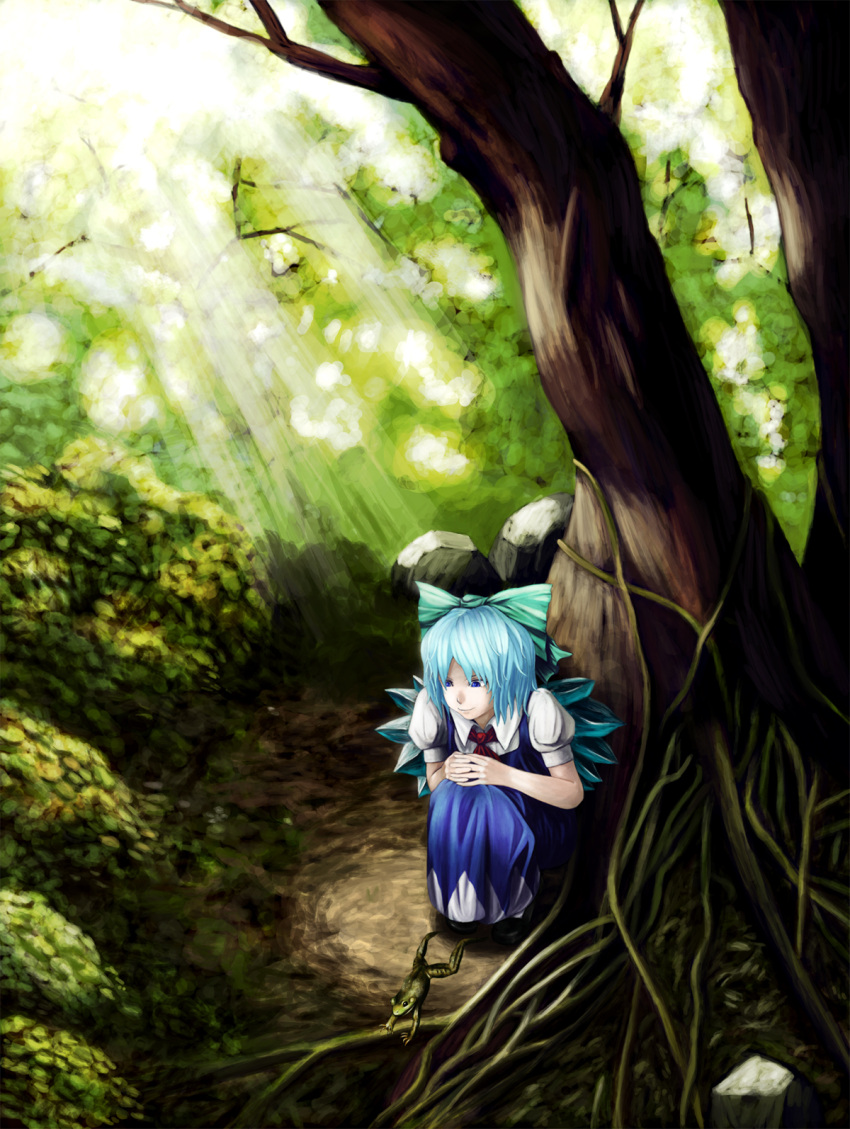 animal bad_id bad_pixiv_id blue_dress bow cirno collared_shirt curious dress female forest frog green_bow hairbow highres mmm_(mikito) nature outdoors own_hands_together pinafore_dress puffy_short_sleeves puffy_sleeves shirt short_sleeves sitting sleeveless sleeveless_dress solo touhou tree white_shirt