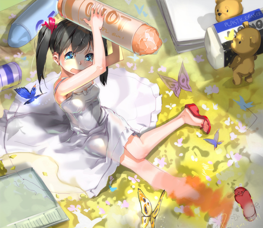 armpits arms_up bear black_hair blue_eyes blush bug butterfly commentary crayon daible dress eraser female highres holding looking_at_viewer oekaki_musume open_mouth original oversized_object ruler sitting solo tears twintails white_dress