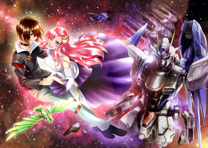 1boy bird brown_hair choker commentary_request damaged detached_sleeves female freedom_gundam gundam gundam_seed hair_ornament kira_yamato lacus_clyne long_hair mecha nidoro photoshop_(medium) pink_eyes pink_hair robot short_hair smile space star_(sky) torii_(gundam) wings