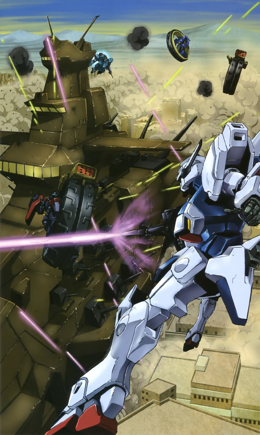 1990s_(style) absurdres adrastea-class_battleship battle battleship beam_rifle bruckeng building cityscape cloud dust_cloud einerad energy_beam energy_cannon energy_gun flying gedlav gun gun-ez gundam highres jumping katoki_hajime landship mecha military military_vehicle mobile_suit motorized_unicycle mountainous_horizon no_humans official_art outdoors radio_antenna retro_artstyle robot scan ship spacecraft traditional_media turret victory_gundam victory_gundam_hexa warship watercraft weapon wheel window zanscare zollidia