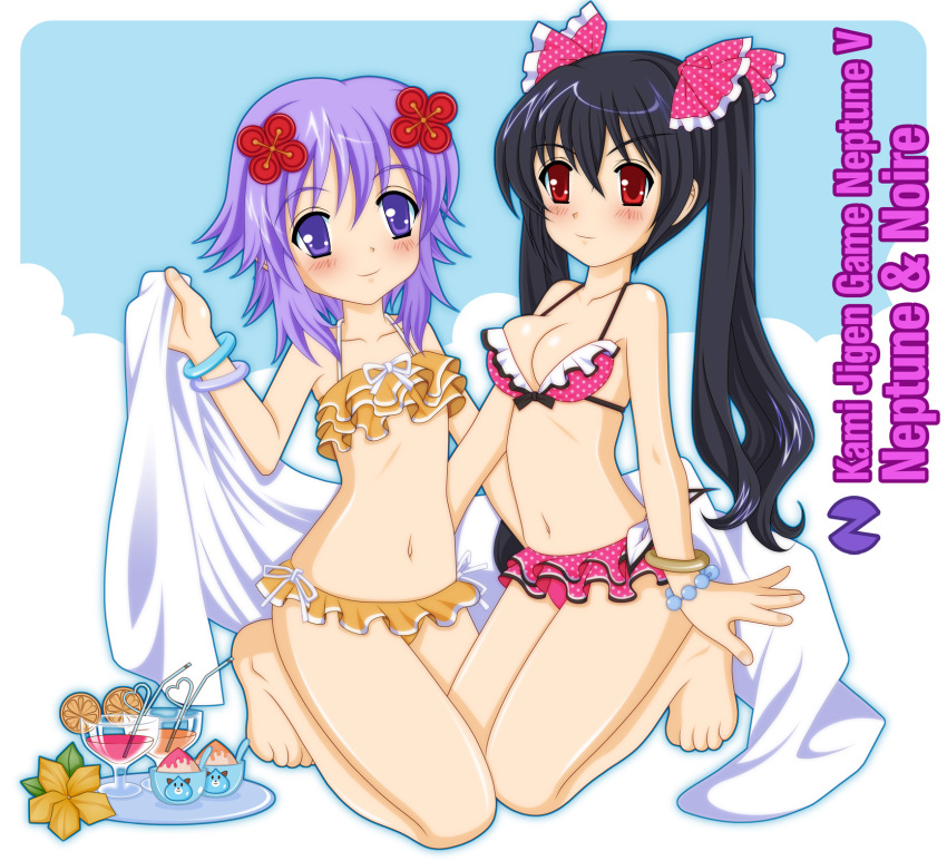 2girls bangle bikini black_hair bow bracelet breasts character_name commentary_request dogoo hair_ornament hairbow highres jewelry kami_jigen_game_neptune_v leonard_liew long_hair multiple_girls navel neptune_(neptunia) neptune_(series) noire_(neptunia) photoshop_(medium) purple_eyes purple_hair red_eyes romaji_text short_hair swimsuit twintails very_long_hair