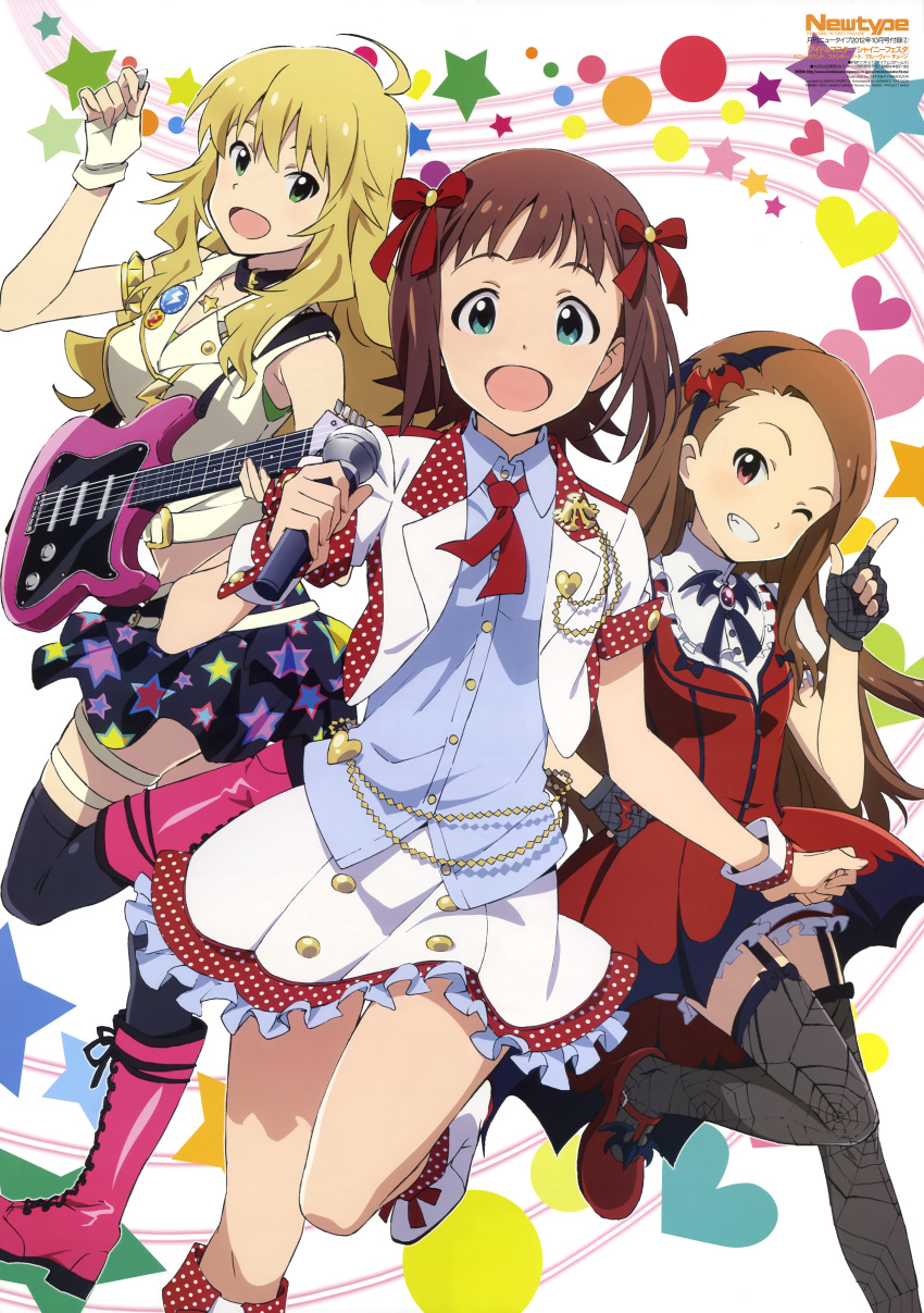 3girls :d absurdres ahoge amami_haruka black_thighhighs blonde_hair boots bow brown_hair dress electric_guitar fender_stratocaster fingerless_gloves garter_straps gloves green_eyes grin guitar hairbow highres hoshii_miki idolmaster idolmaster_(classic) idolmaster_shiny_festa imageboard_desourced index_finger_raised instrument legs long_hair microphone minase_iori multiple_girls my_dear_vampire_(idolmaster) newtype non-web_source official_art one_eye_closed open_mouth pink_eyes print_thighhighs smile spider_web_print thighhighs very_long_hair yamaguchi_satoshi zettai_ryouiki