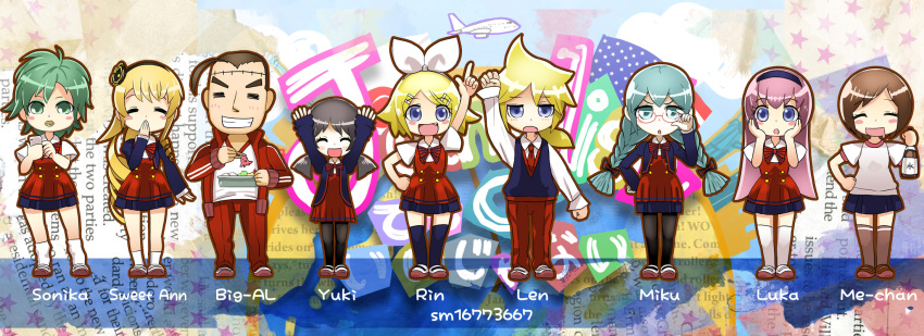 2boys 6+girls arm_up big_al blonde_hair blue_eyes blush_stickers braid brown_hair closed_eyes commentary_request food glasses green_eyes green_hair grin hand_on_own_hip hatsune_miku highres kaai_yuki kagamine_len kagamine_rin kanipanda long_hair looking_at_viewer megurine_luka meiko_(vocaloid) multiple_boys multiple_girls photoshop_(medium) pink_hair school_uniform short_hair smile sonika sweet_ann twin_braids vocaloid