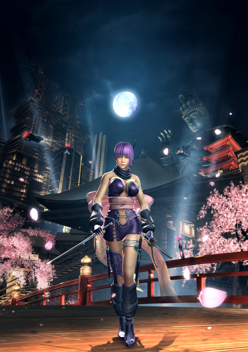 3d absurdres ayane_(doa) bow breasts bridge building cg cherry_blossoms city female highres katana kunai moon ninja ninja_gaiden ninja_gaiden_2 ninja_gaiden_sigma_2 official_art purple_hair red_eyes scarf skirt skyscraper statue sword weapon