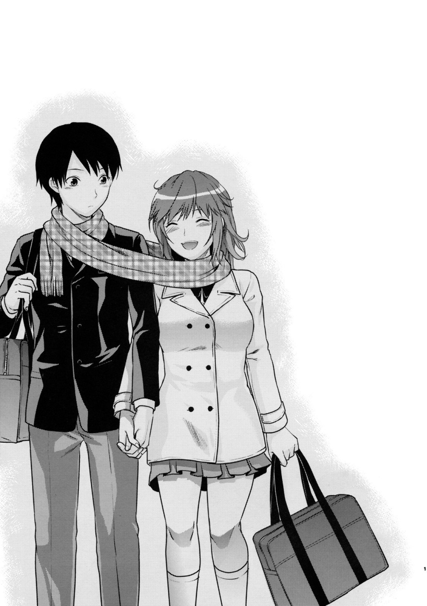 1boy amagami bag couple female greyscale highres holding_hands interlocked_fingers jacket monochrome non-web_source pleated_skirt sakurai_rihoko scarf school_uniform shared_clothes shared_scarf short_hair skirt smile straight tachibana_jun'ichi yuzuki_n_dash