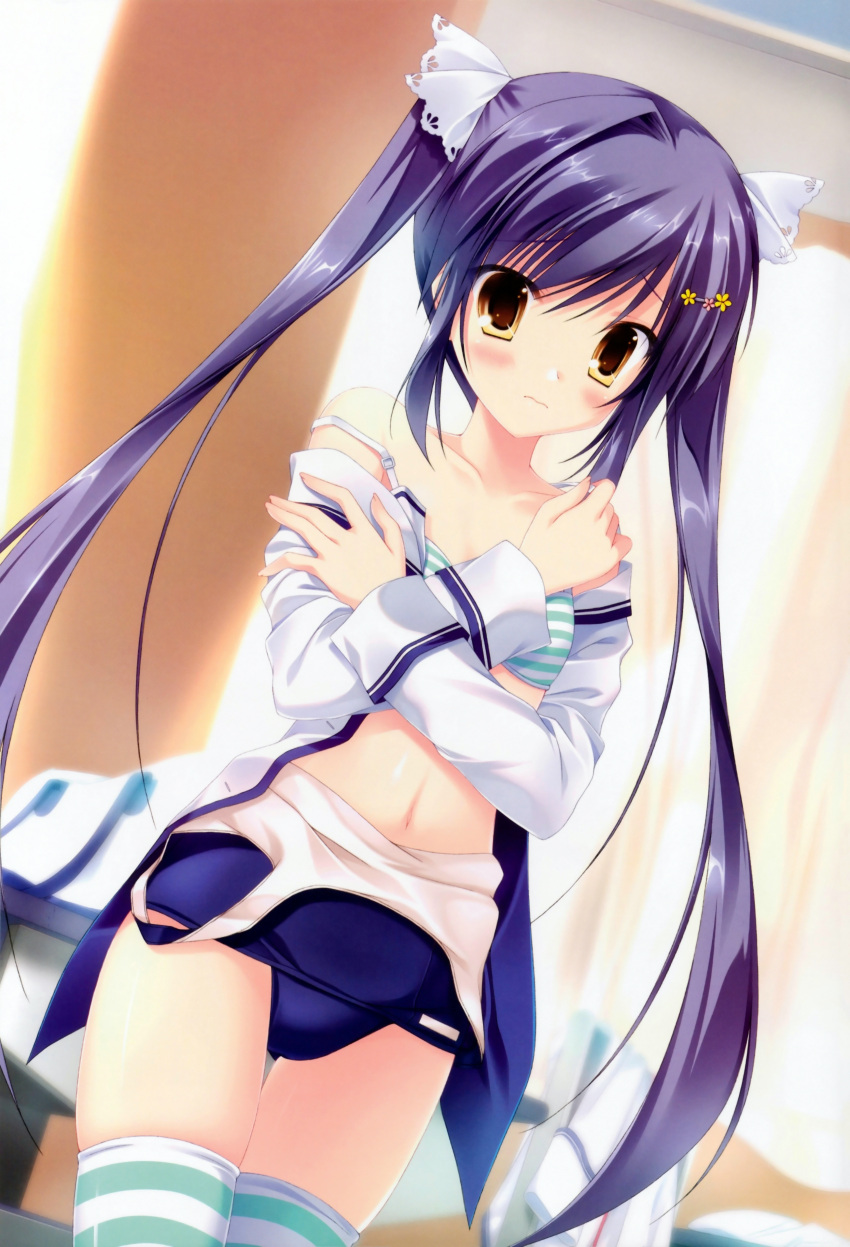 absurdres blue_hair blush bra classroom covering_breasts covering_privates da_capo da_capo_iii female fingernails hair_ornament hairclip highres long_fingernails long_hair navel one-piece_swimsuit photoshop_(medium) rukawa_sara scan school_swimsuit school_uniform solo strap_slip striped_bra striped_clothes striped_thighhighs swimsuit takano_yuki_(allegro_mistic) thigh_gap thighhighs twintails underwear undressing very_long_hair yellow_eyes