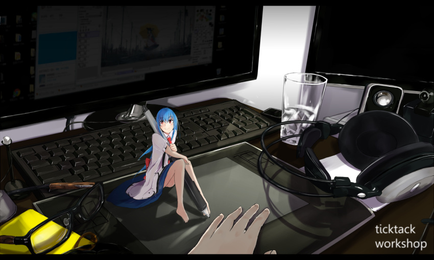 bad_id bad_pixiv_id blue_hair blush computer drawing_tablet female glasses hands headphones hinanawi_tenshi holding holding_stylus long_hair mini_person minigirl niconico screen short_hair sitting smile solo stylus tetsurou_(fe+) touhou