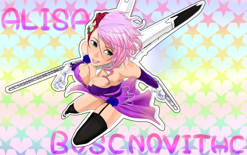 alisa_boskonovich android asymmetrical_legwear bad_id bad_pixiv_id bare_shoulders black_legwear breasts chainsaw cleavage detached_collar dress elbow_gloves female flower garter_straps gloves green_eyes hair_flower hair_ornament kneehighs lips medium_breasts mismatched_legwear moku. multicolored_hair pink_hair ranguage red_hair rose short_hair single_kneehigh single_sock single_thighhigh smile socks solo split-color_hair tekken tekken_6 thighhighs thrusters two-tone_hair typo