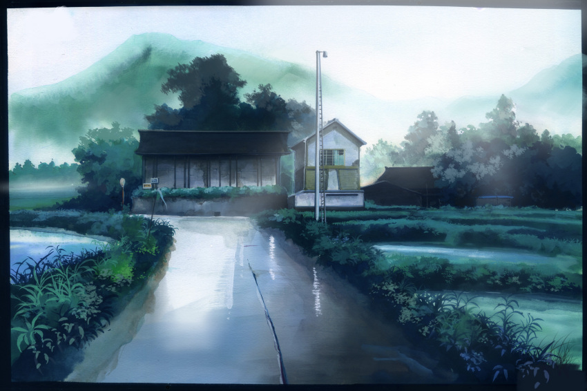 absurdres anchoku_0621 building commentary_request grass highres house md5_mismatch mountain no_humans omohide_poro_poro original outdoors photoshop_(medium) resolution_mismatch road_sign scenery sign sky source_smaller studio_ghibli tree