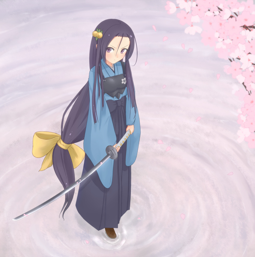 akechi_mitsuhide_(oda_nobuna_no_yabou) armor ata_(egalite) blue_hakama blush bow breastplate cherry_blossoms commentary_request female hair_ornament hairbow hairpin hakama hakama_skirt highres japanese_clothes katana long_hair low-tied_long_hair oda_nobuna_no_yabou petals purple_eyes purple_hair skirt solo sword water weapon